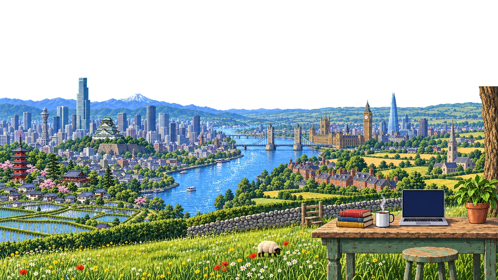 Pixel-art valley on a summer morning. A painted farmhouse table with a laptop, books, a mug of tea and a plant stands under an oak in an English meadow where a lamb grazes by a dry-stone wall. Across the river, Osaka's towers, castle and Tsutenkaku rise in front of mountains beside rice terraces; on the near bank are Big Ben, Tower Bridge, the Shard and red-brick terraces.